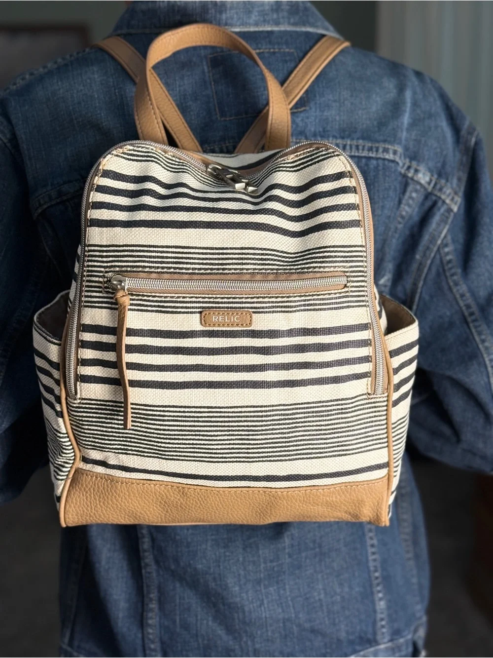 Relic Striped Black & Cream Canvas Backpack Purse with Tan Trim - EUC